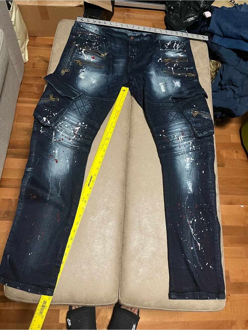 Rockstar Men's Dark Blue Distressed Paint-Splatter Jeans size 40